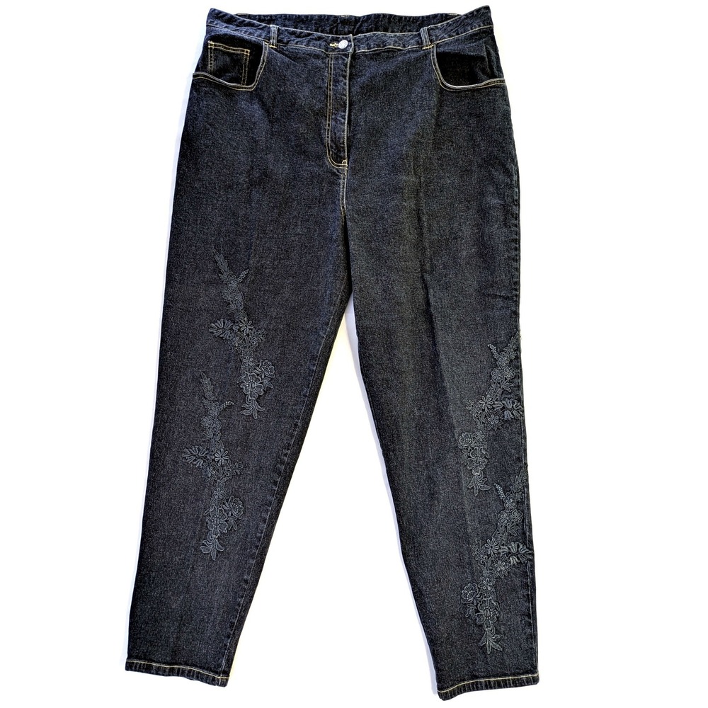 Denim & Co Womens 24W Dark Wash Floral Lace Applique Straight Leg Black Jeans
